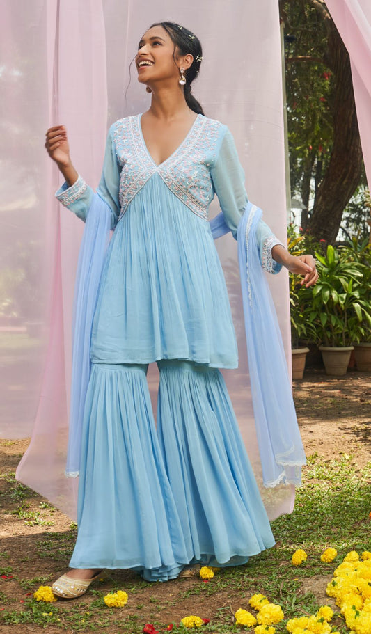 Ice Blue hand embroidered Kurta with Sharara and Dupatta set