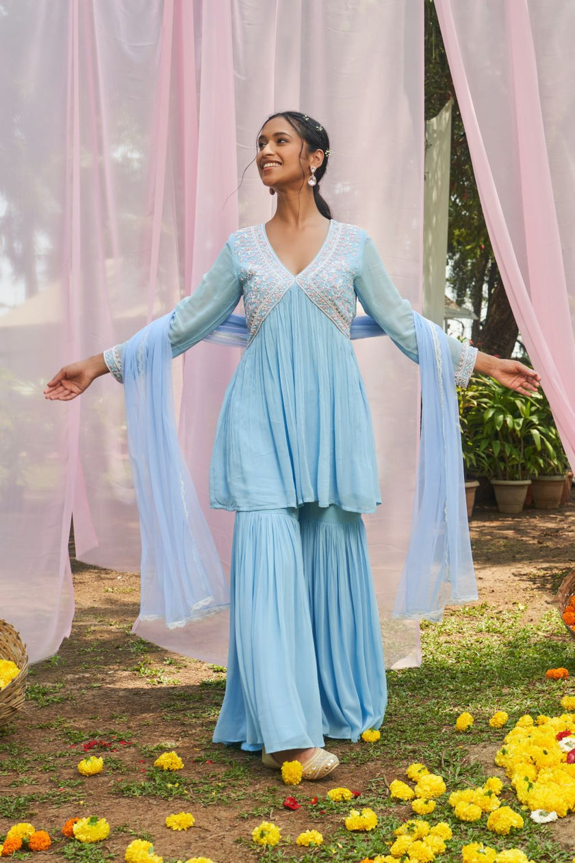 Ice Blue hand embroidered Kurta with Sharara and Dupatta set
