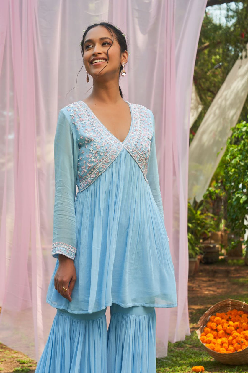 Ice Blue hand embroidered Kurta with Sharara and Dupatta set