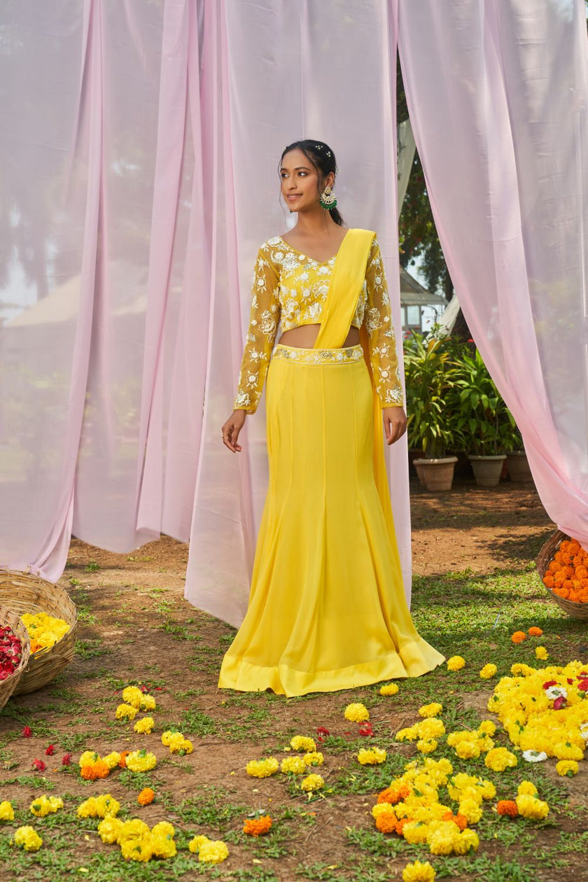Yellow pre-stitched Saree with hand embroidered blouse