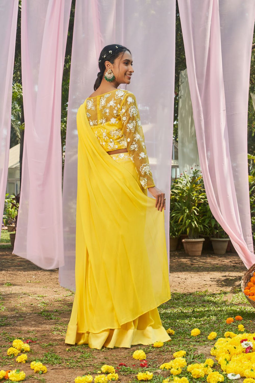 Yellow pre-stitched Saree with hand embroidered blouse