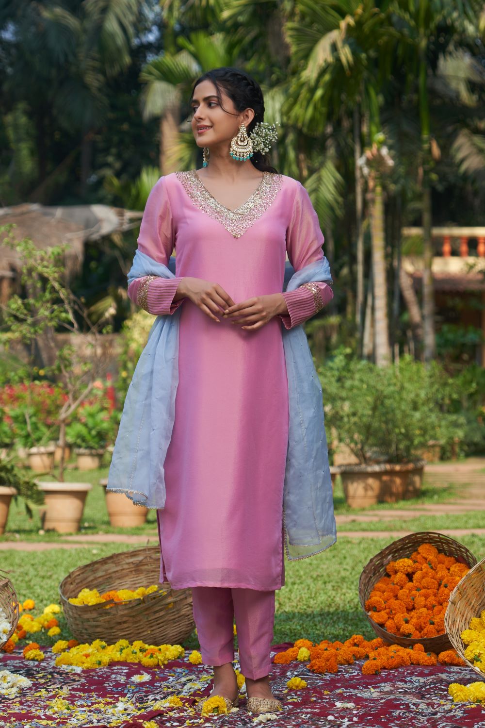 Pink Tissue Hand Embroidered Kurta Set