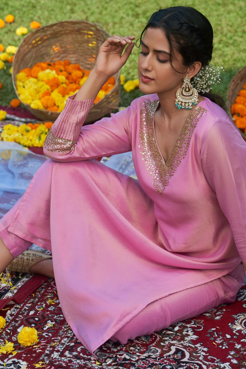 Pink Tissue Hand Embroidered Kurta Set