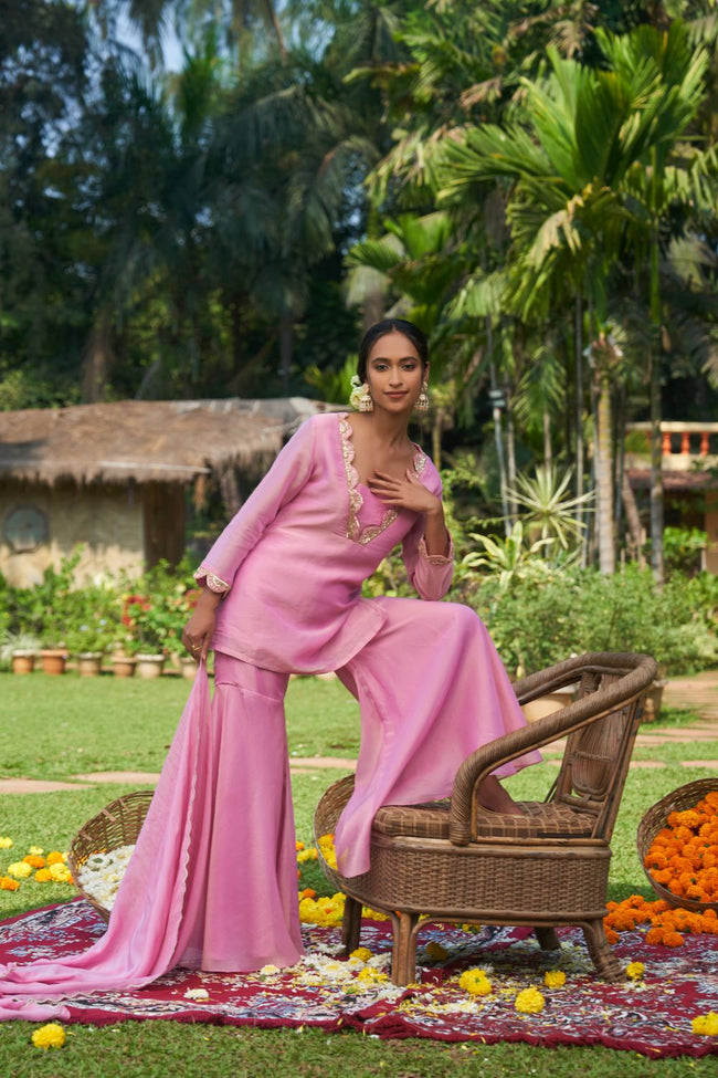 Pink Tissue Hand Embroidered Kurta Sharara Set