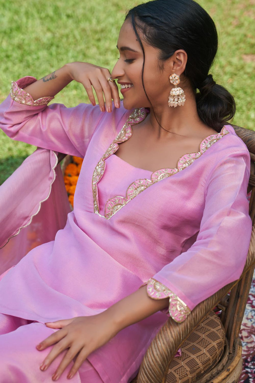 Pink Tissue Hand Embroidered Kurta Sharara Set