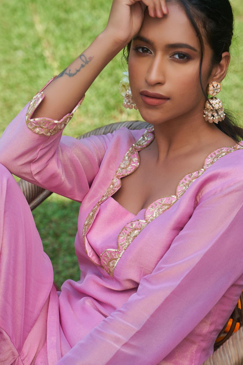 Pink Tissue Hand Embroidered Kurta Sharara Set