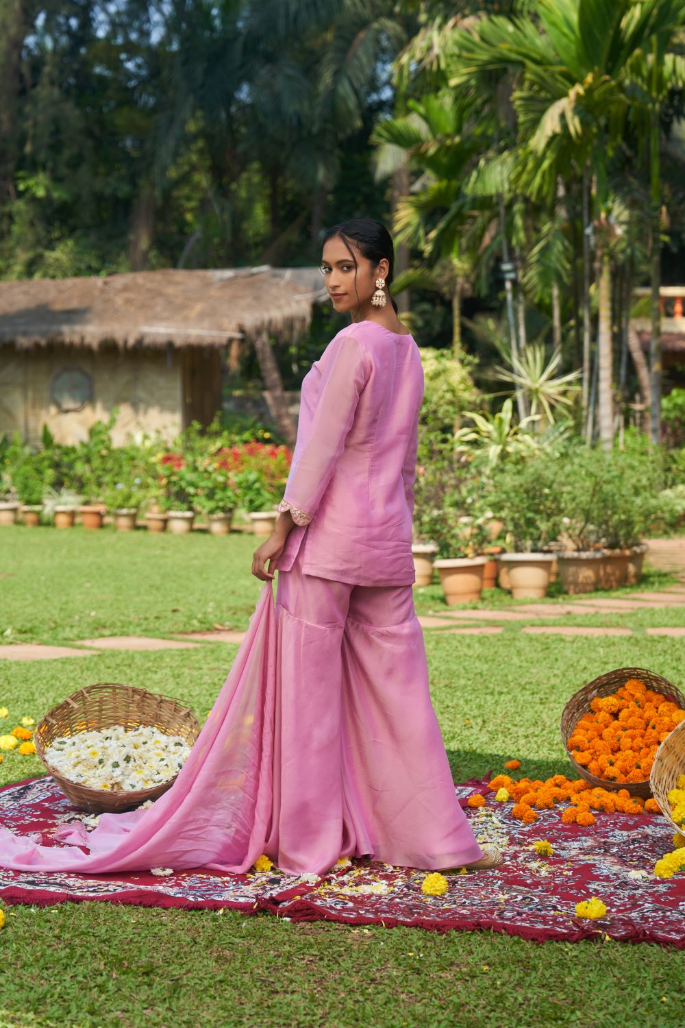 Pink Tissue Hand Embroidered Kurta Sharara Set