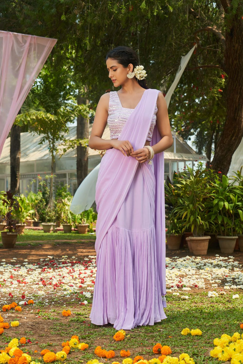 Lilac Pre-stitched Saree with hand embroidered blouse