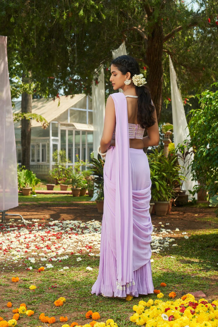 Lilac Pre-stitched Saree with hand embroidered blouse