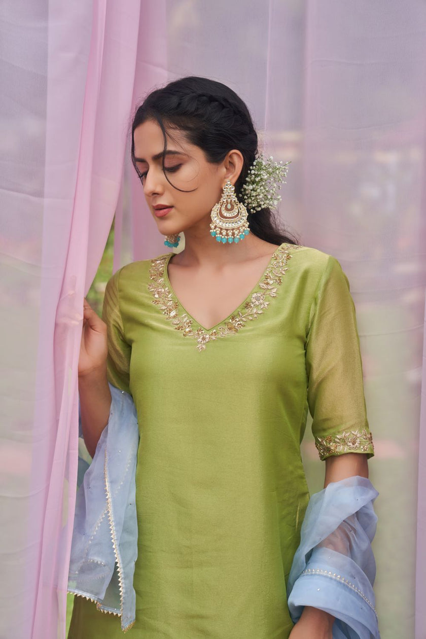 Green Tissue Hand Embroidered Sharara Set