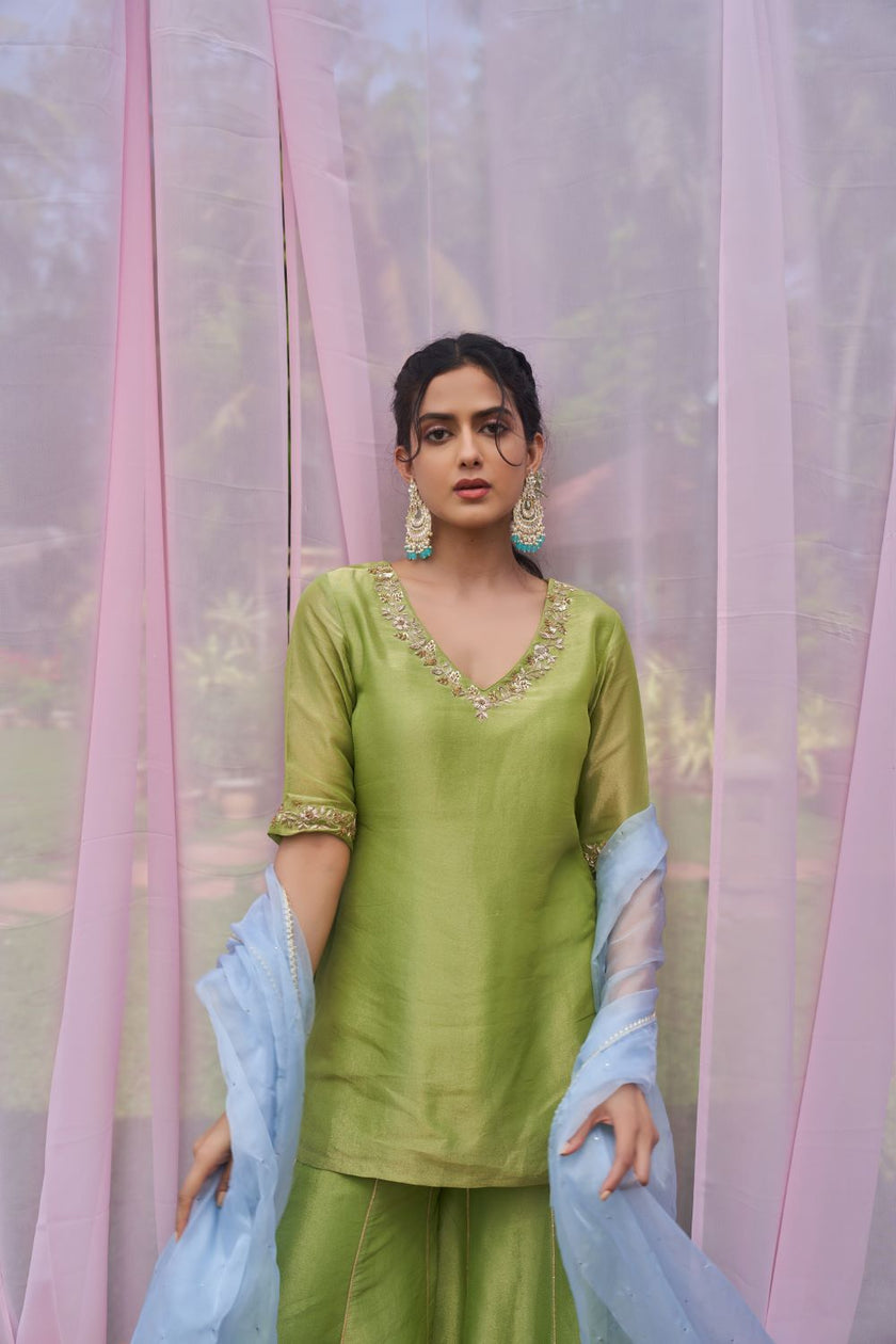Green Tissue Hand Embroidered Sharara Set