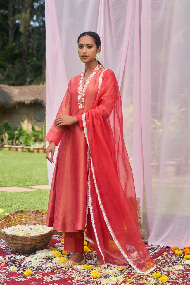 Red Tissue Hand Embroidered Anarkali Set