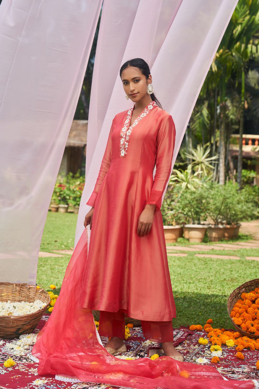 Red Tissue Hand Embroidered Anarkali Set
