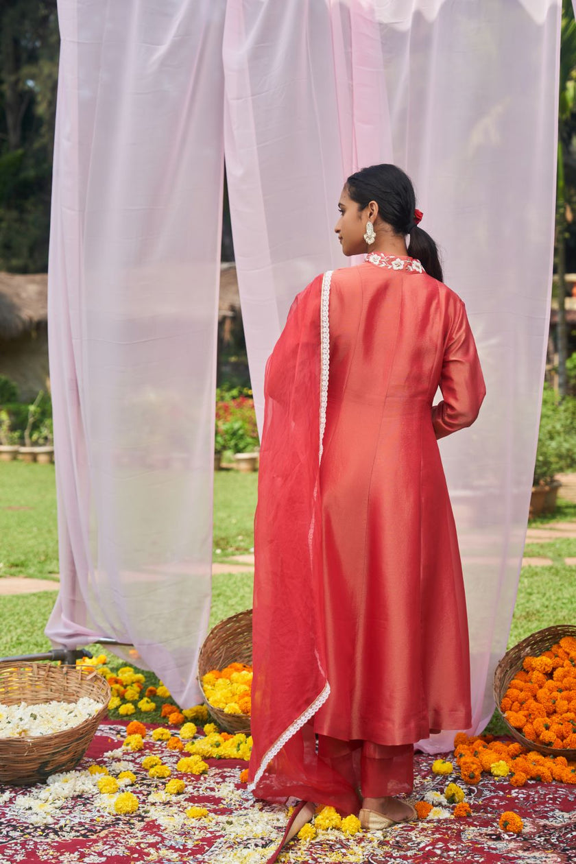 Red Tissue Hand Embroidered Anarkali Set