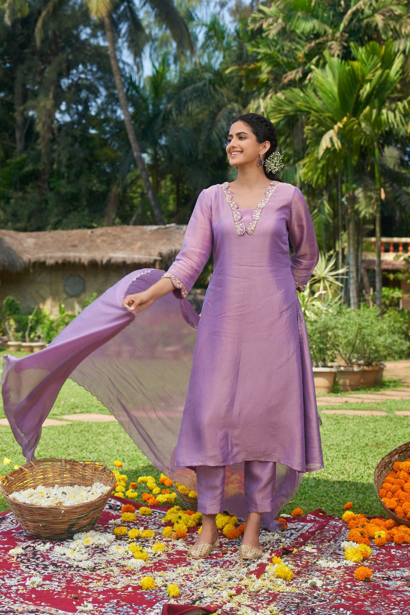 Purple Tissue Hand Embroidered Kurta Set