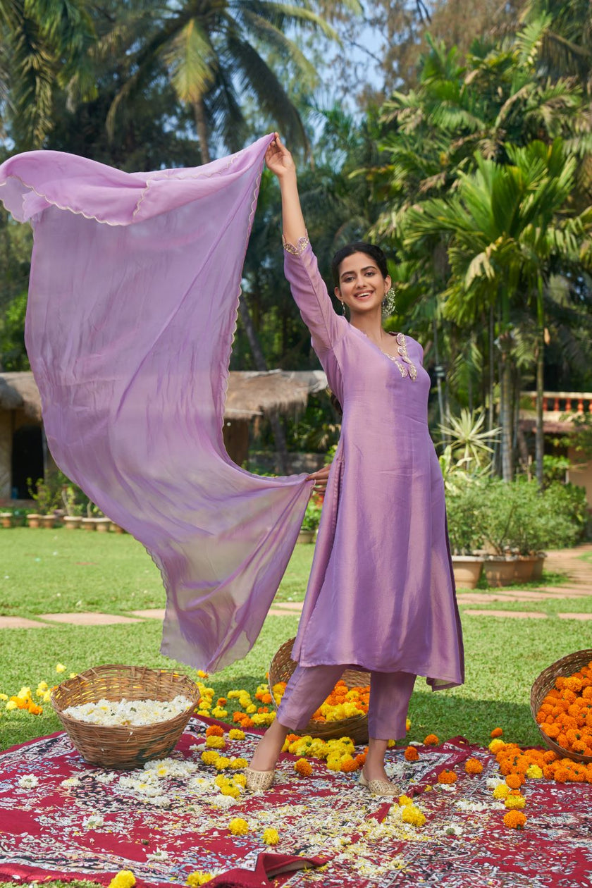 Purple Tissue Hand Embroidered Kurta Set