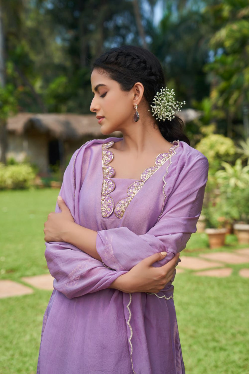 Purple Tissue Hand Embroidered Kurta Set