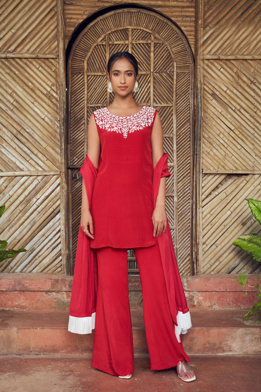 Red Crepe Hand Embroidered Short Kurti Set