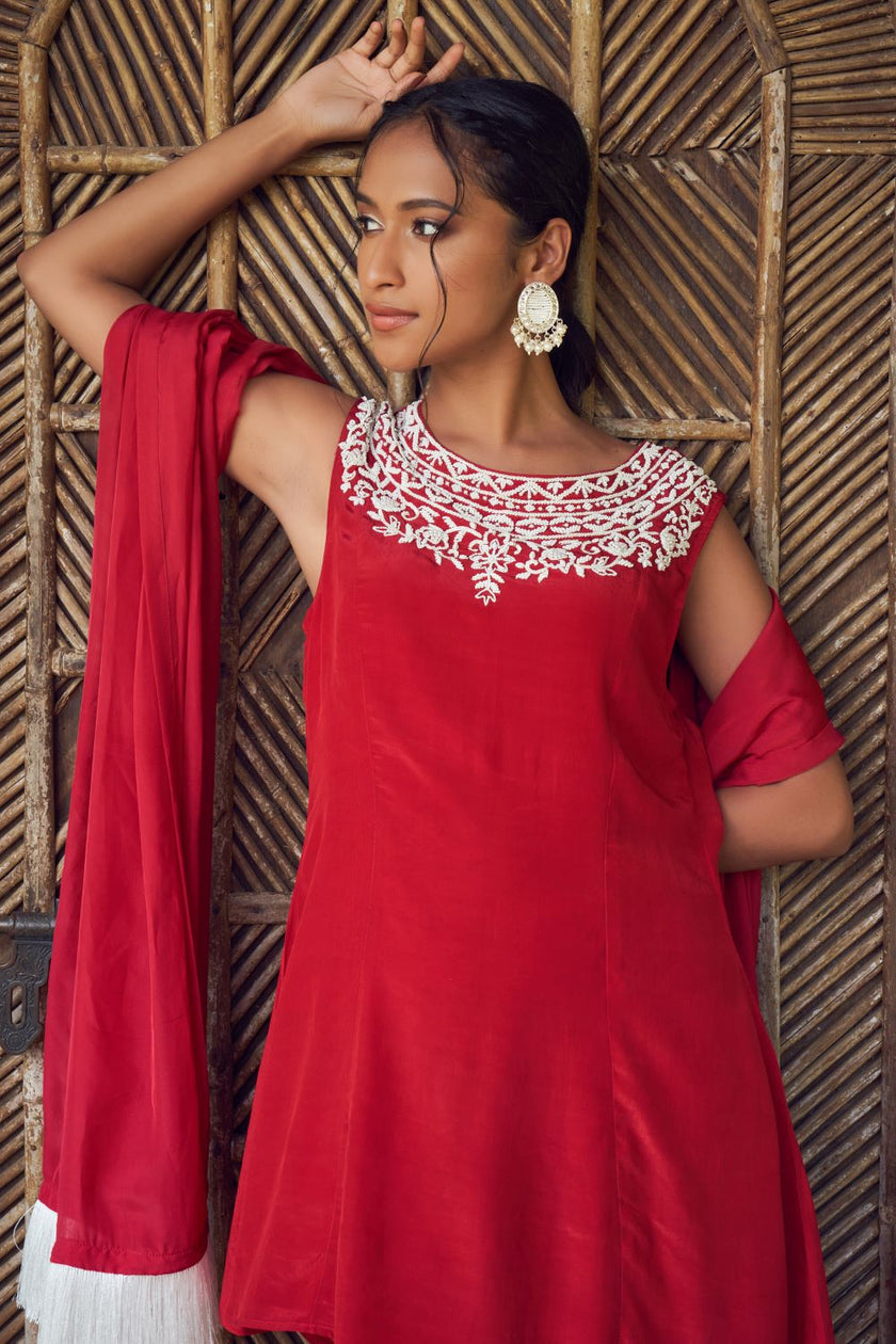Red Crepe Hand Embroidered Short Kurti Set