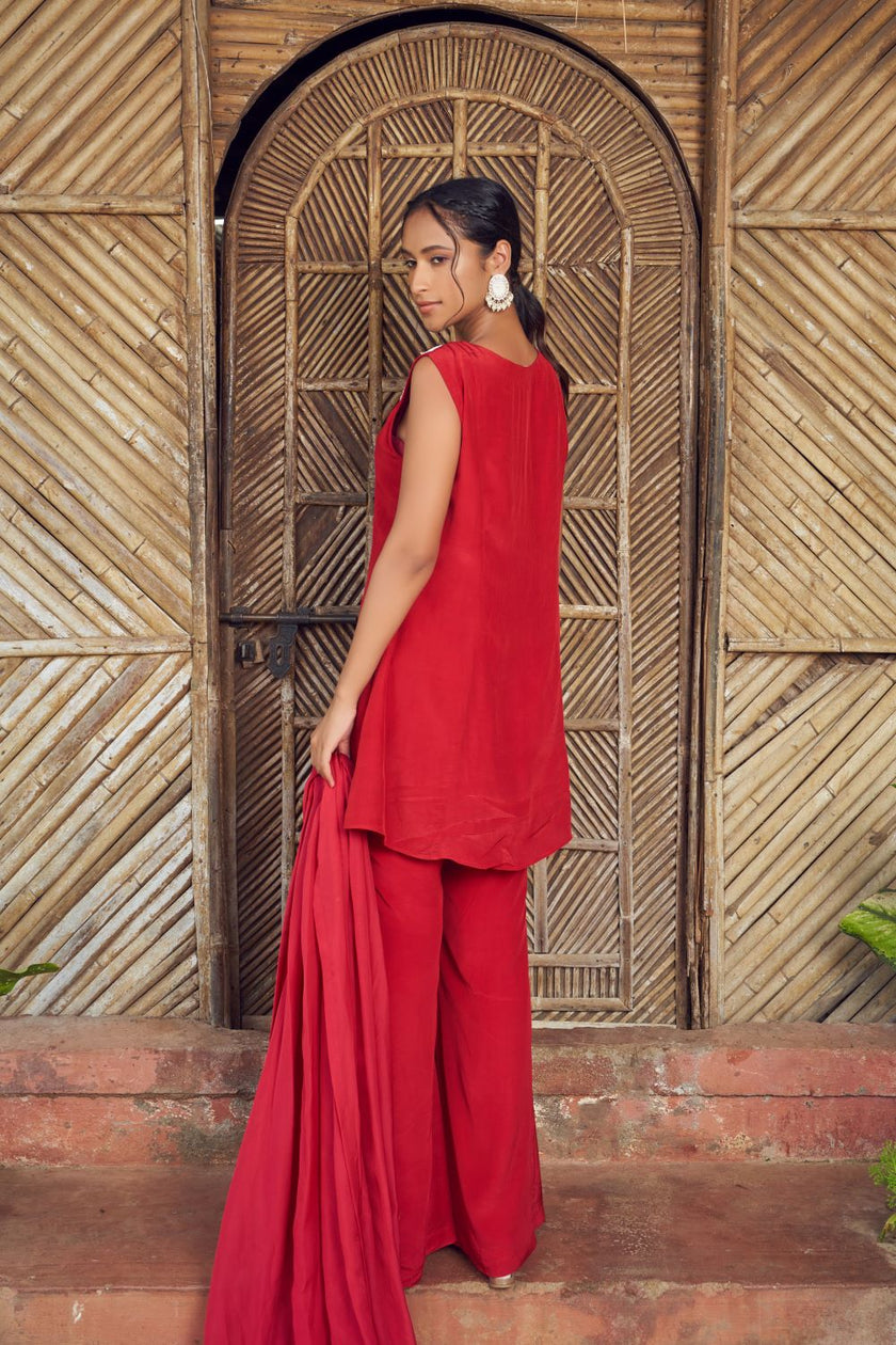 Red Crepe Hand Embroidered Short Kurti Set