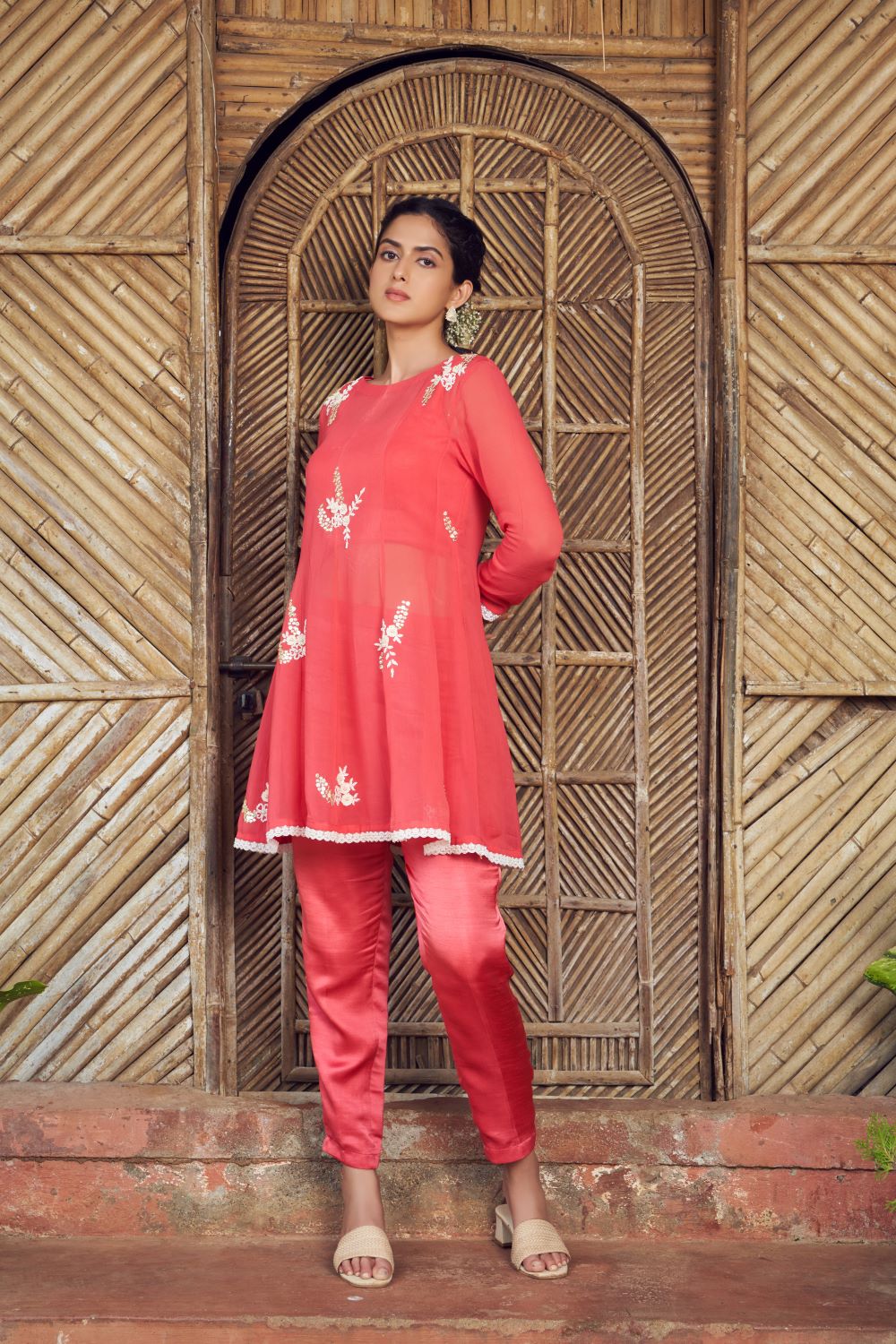 Tomato red Hand embroidered georgette kurta with blouse and pant Set