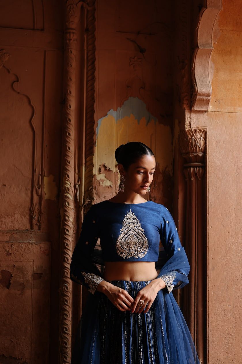Blue Dupion Silk Embroidered and Printed Lehenga Set