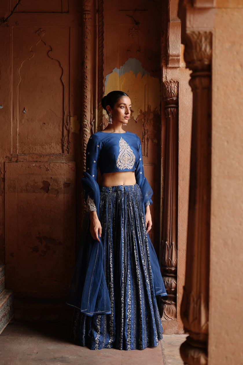 Blue Dupion Silk Embroidered and Printed Lehenga Set