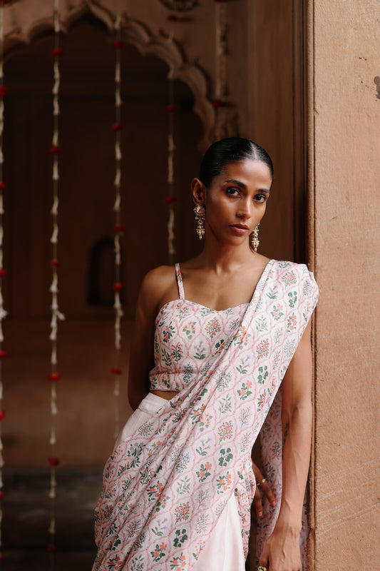 Pastel Pink Dupion Silk Printed Fusion Saree Set