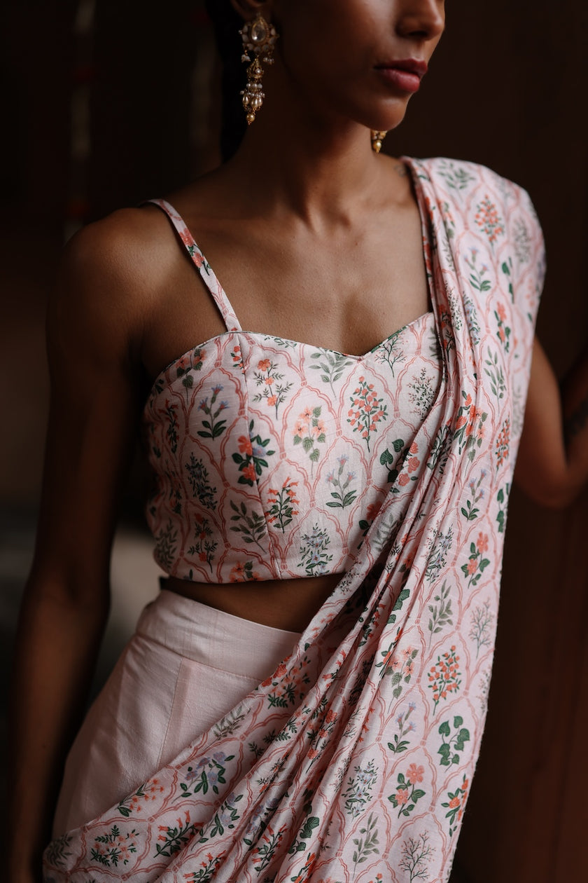 Pastel Pink Dupion Silk Printed Fusion Saree Set
