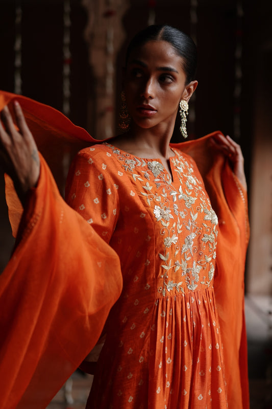 Orange Printed and Hand Embroidered  Dupion Silk Kurta Set