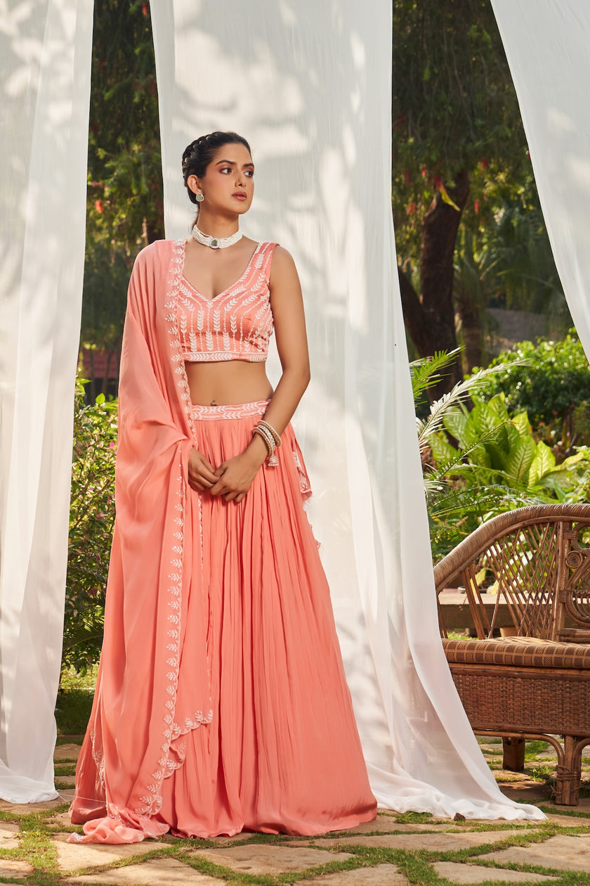 Peach Hand Embroidered Lehenga Set