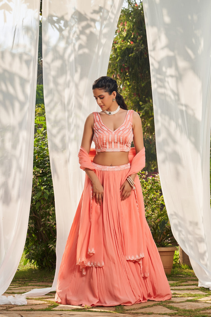 Peach Hand Embroidered Lehenga Set