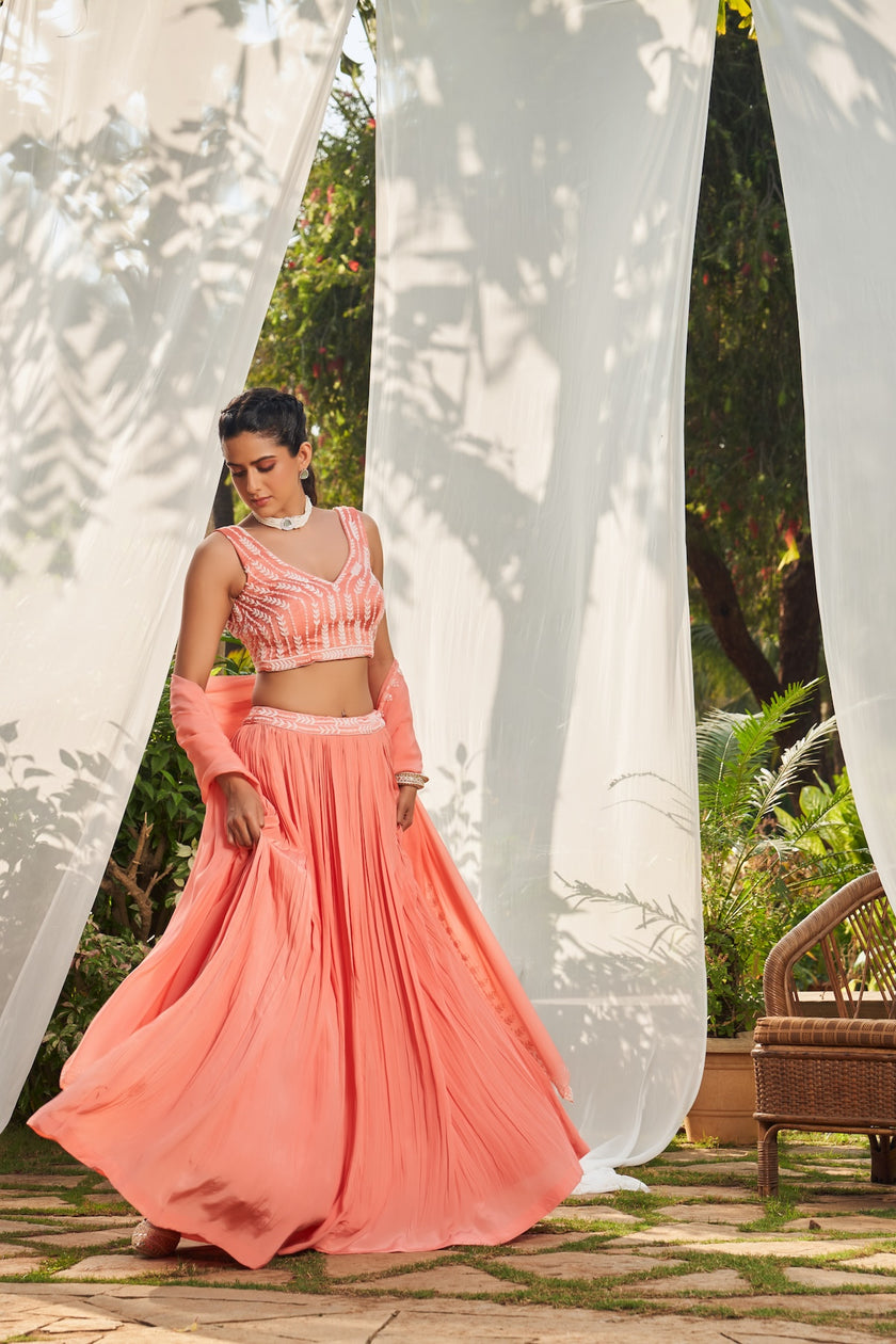 Peach Hand Embroidered Lehenga Set