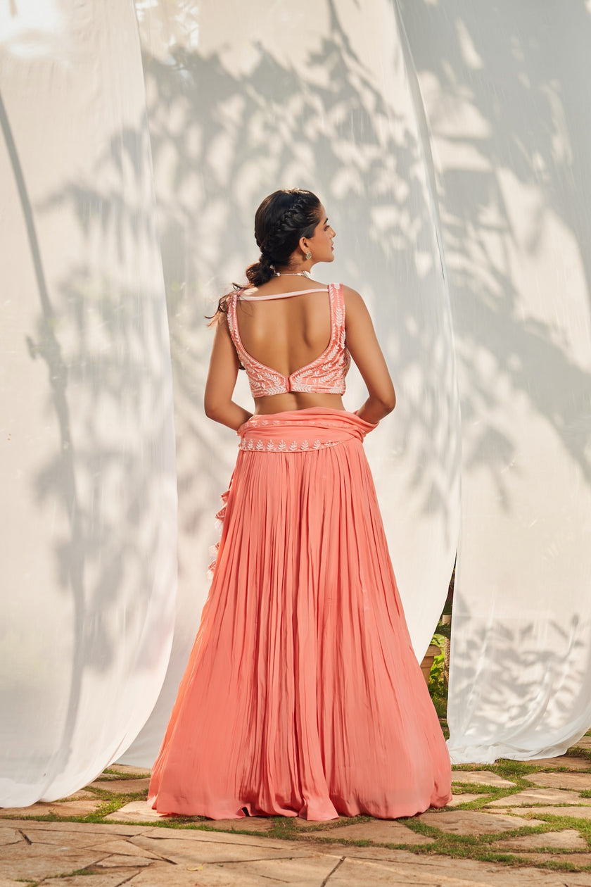 Peach Hand Embroidered Lehenga Set