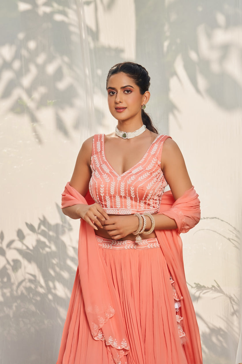 Peach Hand Embroidered Lehenga Set