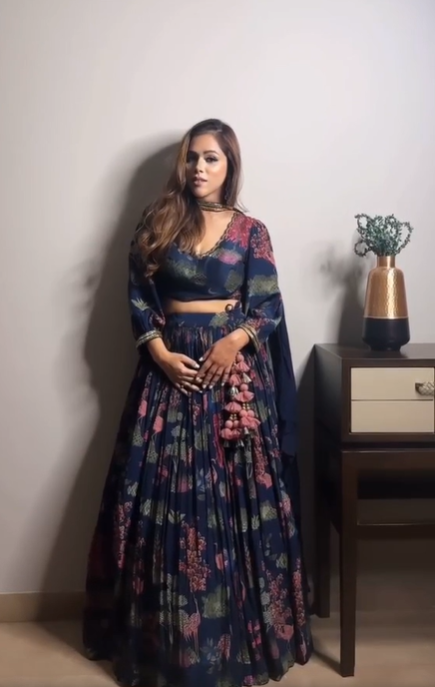 Aanchal Batra in Navy Blue Bemberg Crepe & Organza Embroidered Lehenga Set